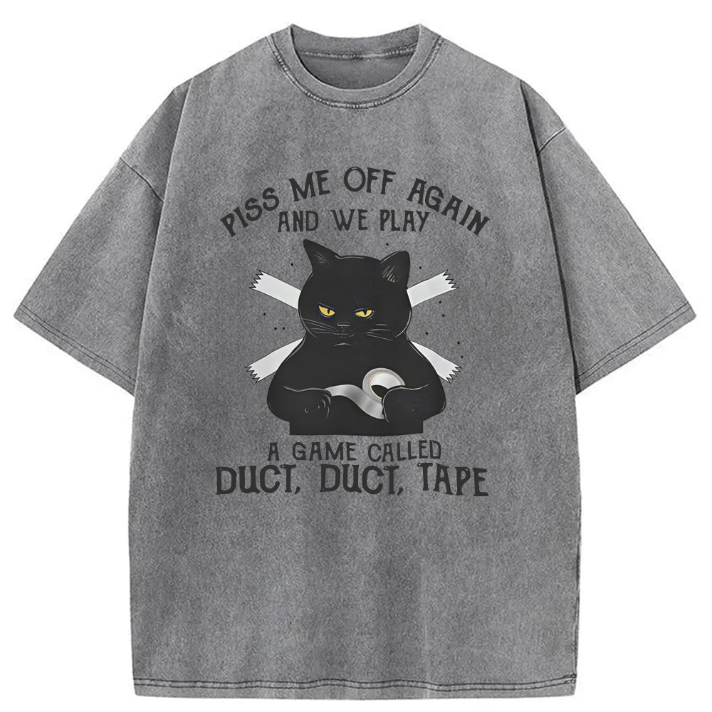 Funny Black Cat with Duct Tape Washed T-Shirt Funny Aesthetic Trendy Apparel Gifts For Him - Gypsysystersgift