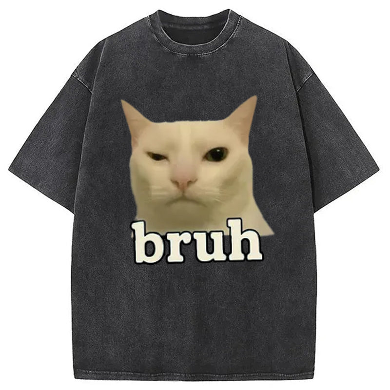 Funny Bruh Cat Meme Washed T-Shirt Casual Oversized Outfit Style Gifts For Him - Gypsysystersgift