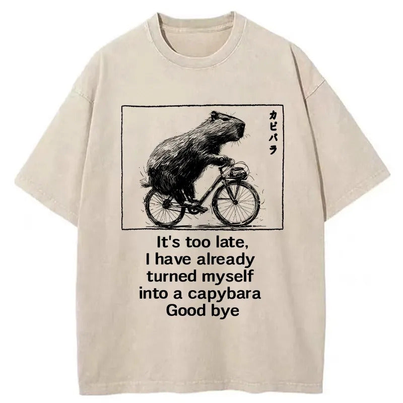 Funny Capybara Riding A Bicycle Washed T-Shirt Cool Graphic Tee For Men Women Gifts For Him - Gypsysystersgift