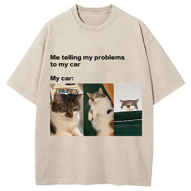 Funny Car Cat Meme Washed T-Shirt Cool Urban Street Style Shirt Gifts For Her - Gypsysystersgift