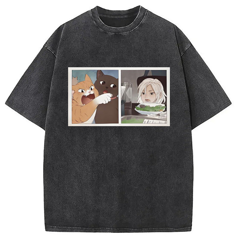 Funny Cat at Dinner Table Meme Washed T-Shirt Everyday Comfort Graphic Shirt Gifts For Besties - Gypsysystersgift