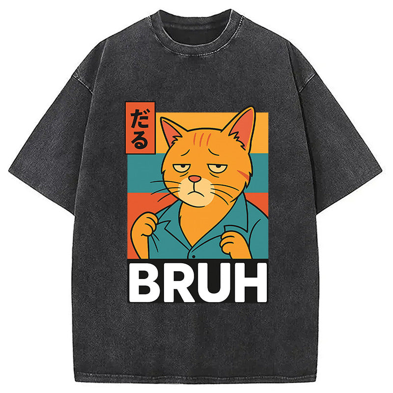 Funny Cat Bruh Meme Washed T-Shirt Retro Humor Graphic Top Gifts For Brother - Gypsysystersgift