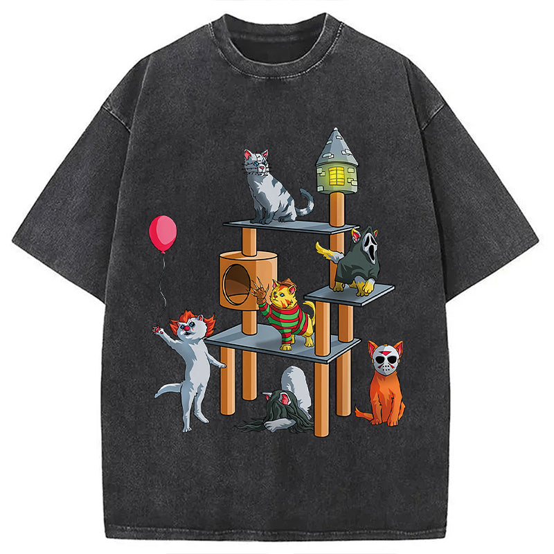 Funny Cat Horror Movies Cute Halloween Washed T-Shirt Trendy Aesthetic Graphic Apparel Gifts For Him - Gypsysystersgift