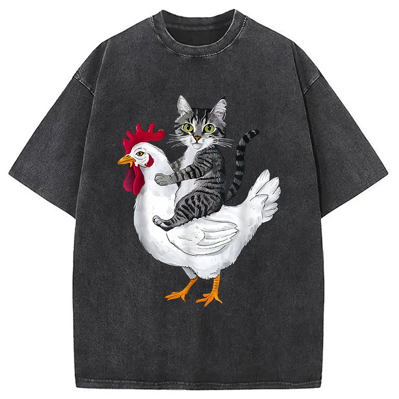 Funny Cat Riding Chicken Washed T-Shirt Minimal Retro Graphic Clothing Gifts For BFF - Gypsysystersgift