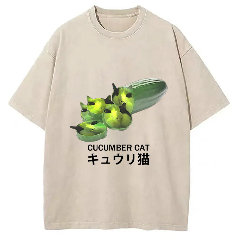 Funny Cucumber Cat Meme Washed T-Shirt Unique Aesthetic Fashion Tee Gifts For Him - Gypsysystersgift