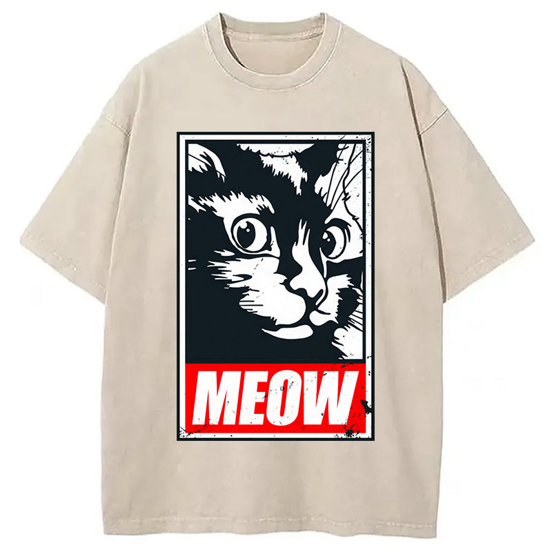 Funny Cute Kitty Cat Meow Meme Washed T-Shirt Unique Aesthetic Fashion Tee Gifts For Her - Gypsysystersgift