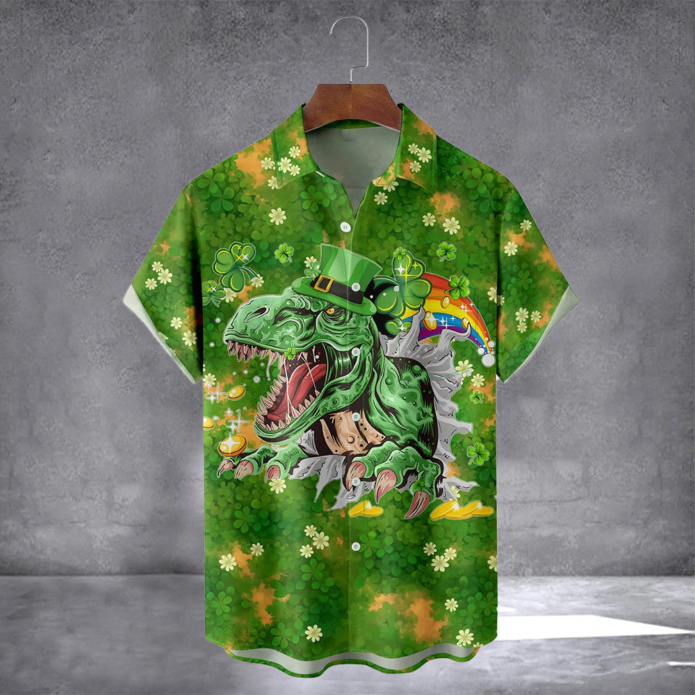 Funny Dinosaur Shamrock Hawaiian Shirt With Pocket St Patrick's Day Button Up Shirt Gift For Him - Famerry