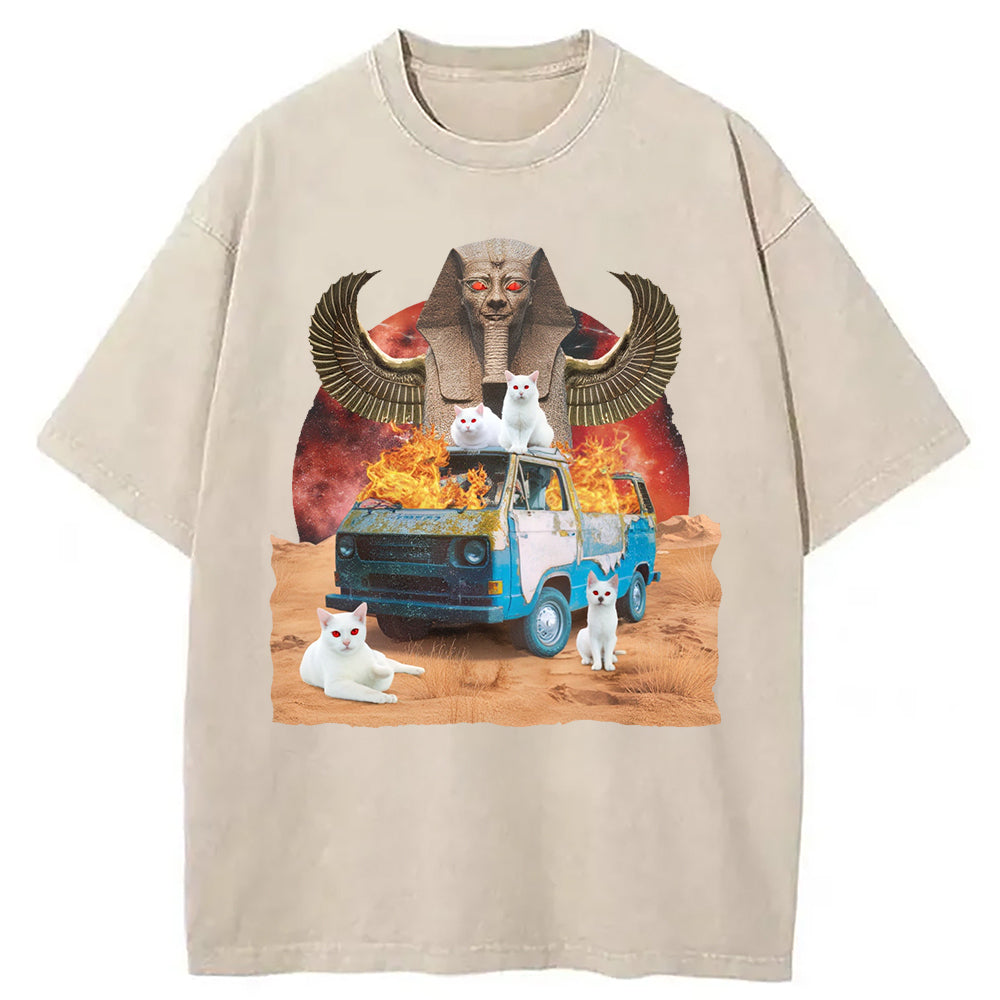 Funny Laser Cat Meme Washed T-Shirt Casual Oversized Outfit Style Gifts For Him - Gypsysystersgift