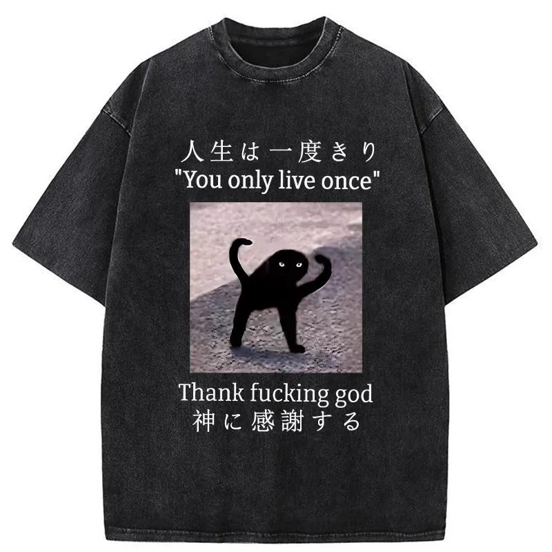 Funny Mysterious Cat Washed T-Shirt Unique Aesthetic Fashion Tee Gifts For Him - Gypsysystersgift