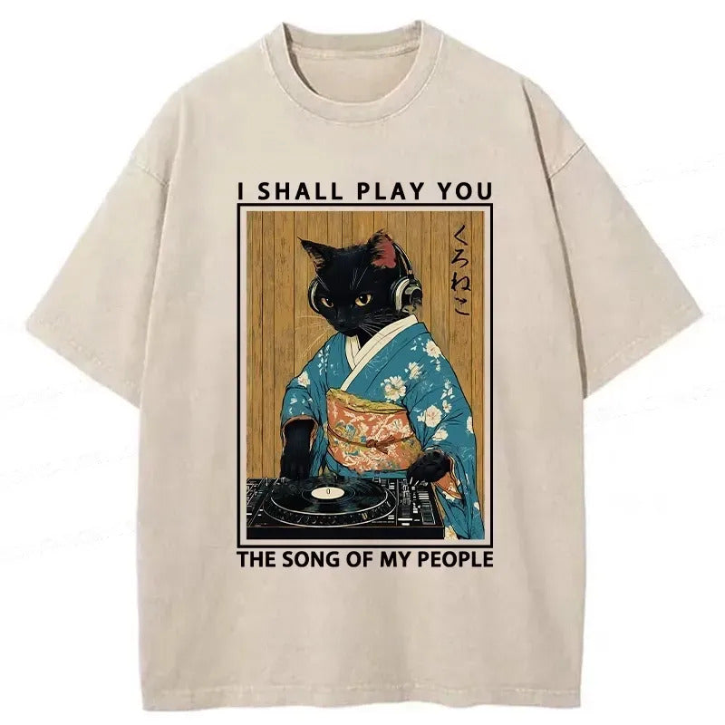 Funny Playing Music Black Cat Washed T-Shirt Soft Cotton Daily Wear Tee Gifts For Her - Gypsysystersgift