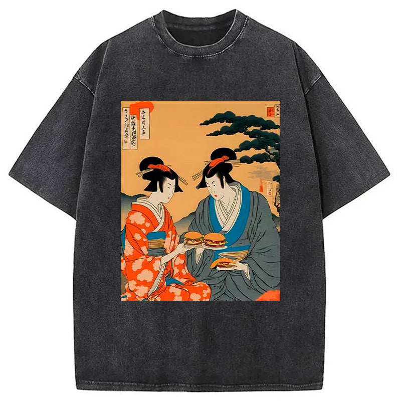 Geisha Eating Burgers Washed T-Shirt Everyday Comfort Graphic Shirt Gifts For Him - Gypsysystersgift