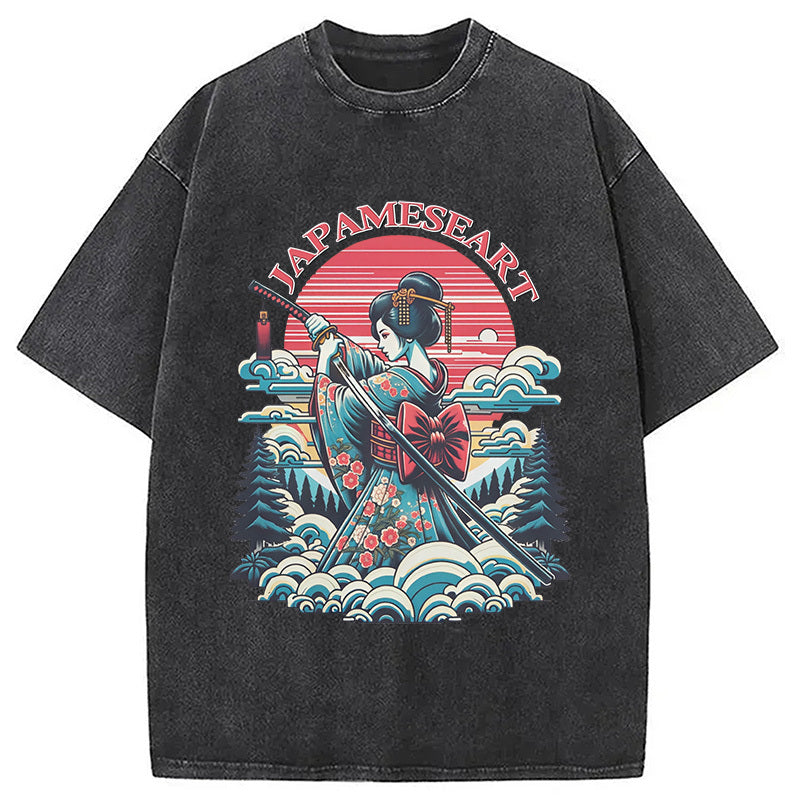 Geisha Samurai Japanese Art Washed T-Shirt Retro Streetwear Graphic Top Gifts For Her - Gypsysystersgift
