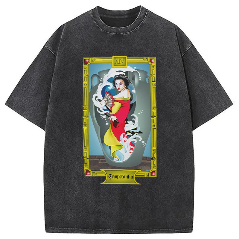 Geisha with Fans Temperantia Tarot Washed T-Shirt Retro Humor Outfit Idea Gifts For Him - Gypsysystersgift