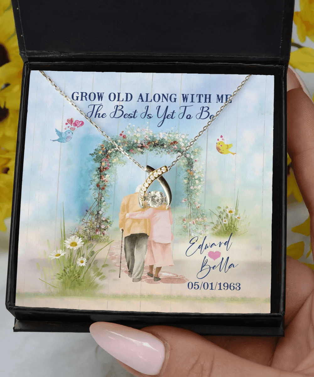 Grow Old Along With Me The Best Is Yet To Be Custom Name And Date Wishbone Dancing Necklace Anniversary Gifts For Her 