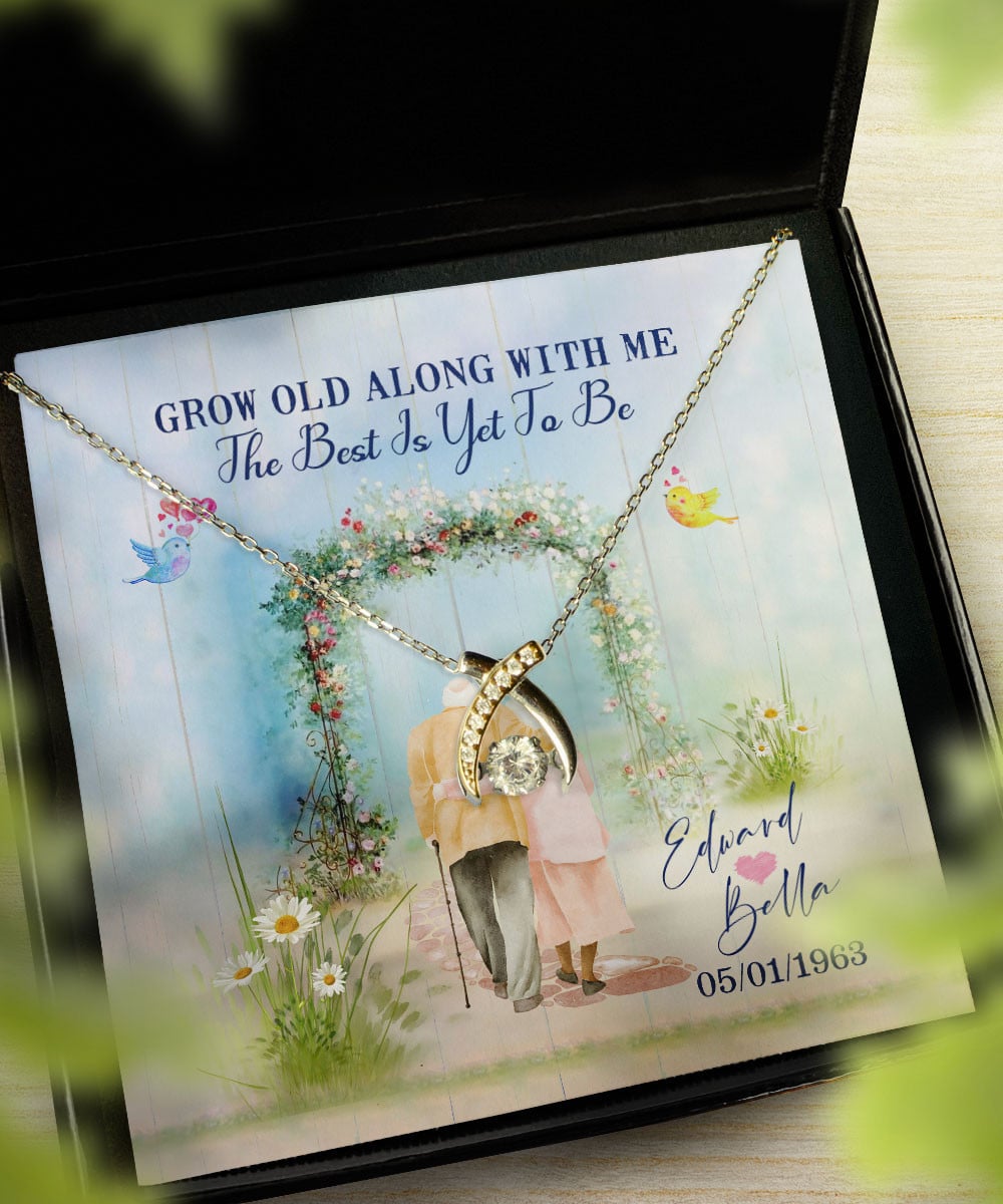 Grow Old Along With Me The Best Is Yet To Be Custom Name And Date Wishbone Dancing Necklace Anniversary Gifts For Her 