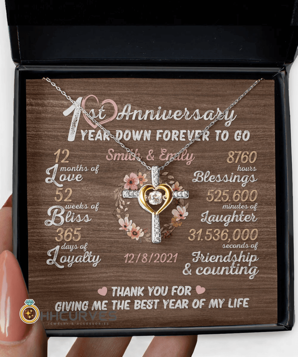 Custom Name And Date Anniversary Presents By Year One Year Down Forever To Go First Anniversary Gifts For Her Cross Dancing Necklace 