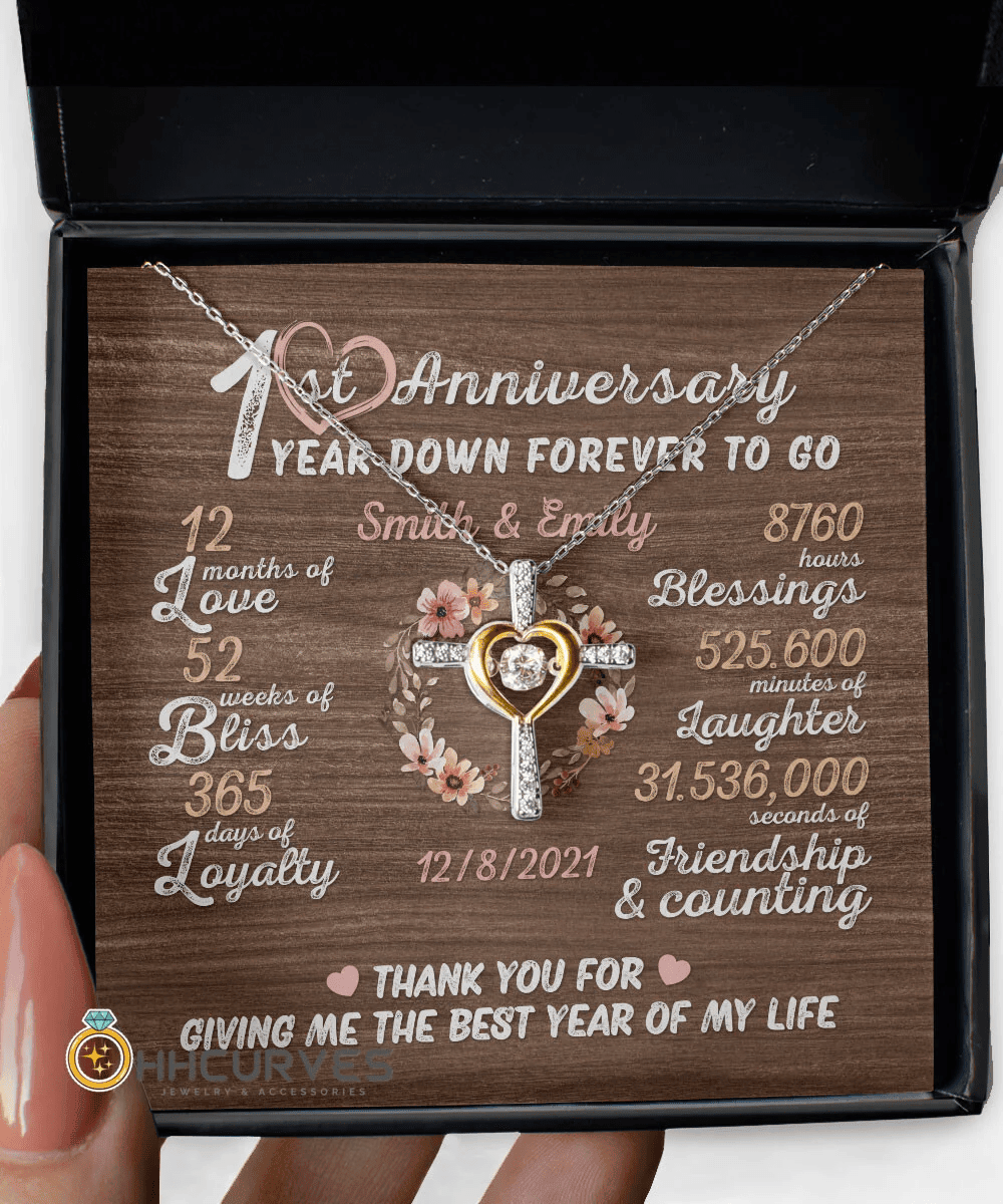 Custom Name And Date Anniversary Presents By Year One Year Down Forever To Go First Anniversary Gifts For Her Cross Dancing Necklace 