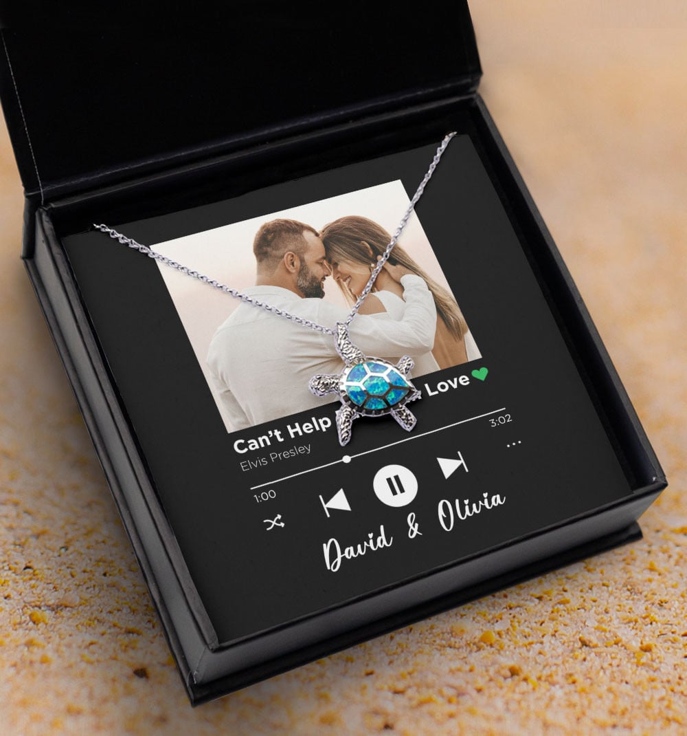 Can't Help Falling In Love Custom Spotify Code With Couple Photo And Song Card Opal Turtle Necklace Anniversary Gifts For Her 