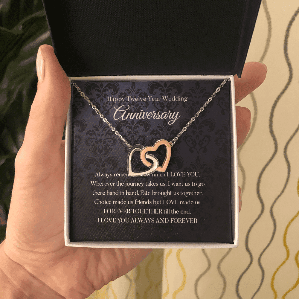Wife Necklace, Happy 12th Wedding Anniversary Necklace Happy Twelfth Anniversary Interlocking Hearts Gold Necklace Gift For Wife 