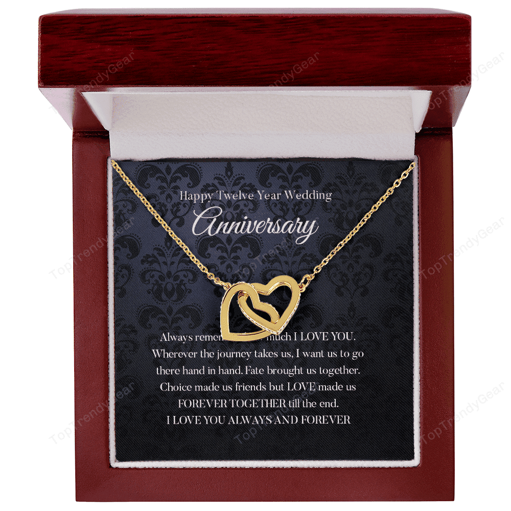 Wife Necklace, Happy 12th Wedding Anniversary Necklace Happy Twelfth Anniversary Interlocking Hearts Gold Necklace Gift For Wife 
