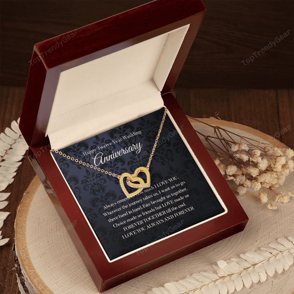 Wife Necklace, Happy 12th Wedding Anniversary Necklace Happy Twelfth Anniversary Interlocking Hearts Gold Necklace Gift For Wife 