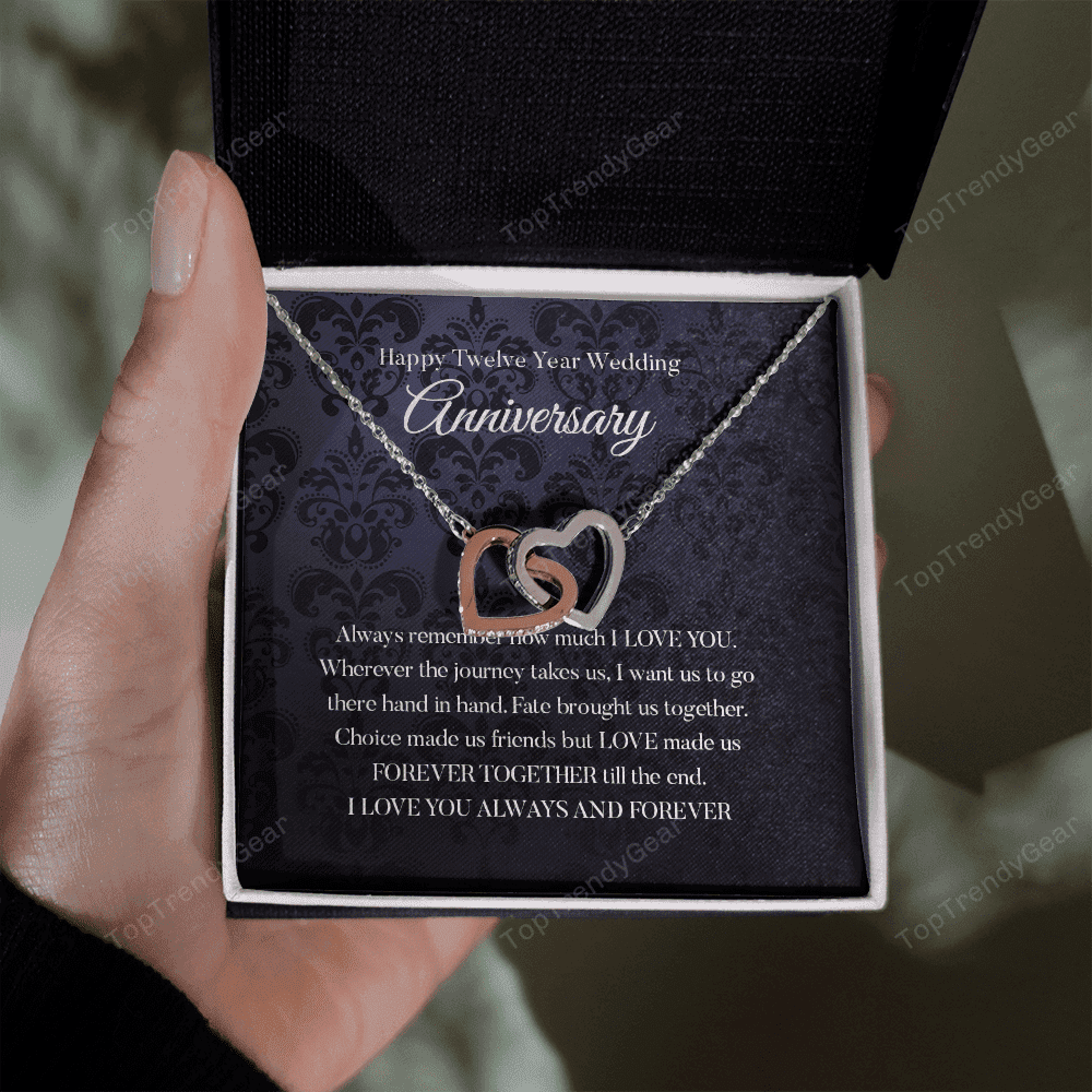 Wife Necklace, Happy 12th Wedding Anniversary Necklace Happy Twelfth Anniversary Interlocking Hearts Gold Necklace Gift For Wife 