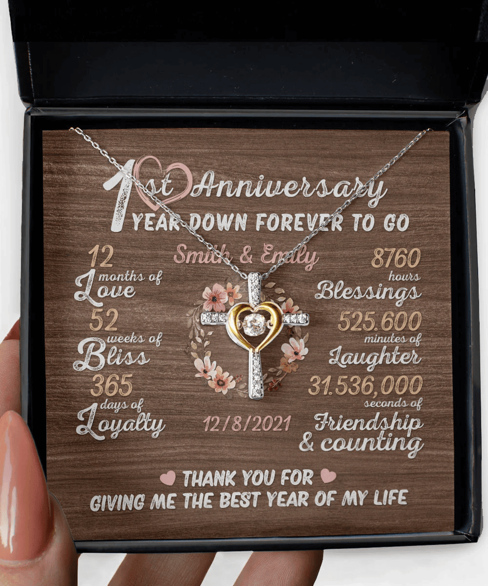 One Year Down Forever To Go First Anniversary Gift Custom Name And Date Cross Dancing Necklace 