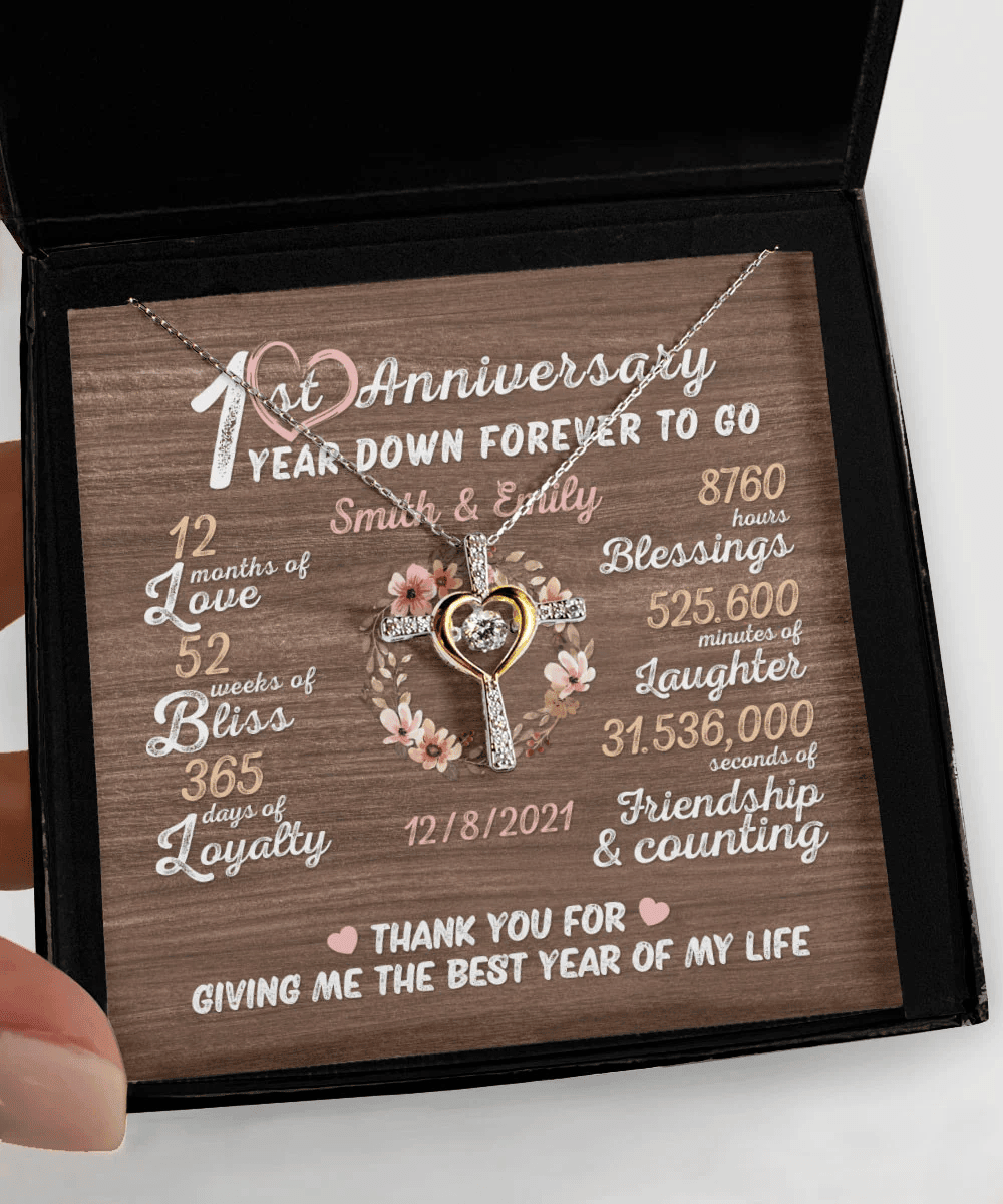 One Year Down Forever To Go First Anniversary Gift Custom Name And Date Cross Dancing Necklace 