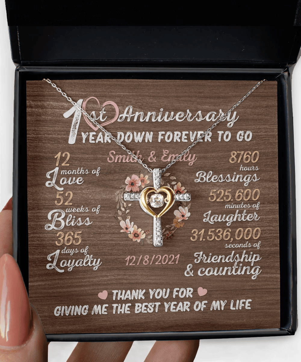 One Year Down Forever To Go First Anniversary Gift Custom Name And Date Cross Dancing Necklace 