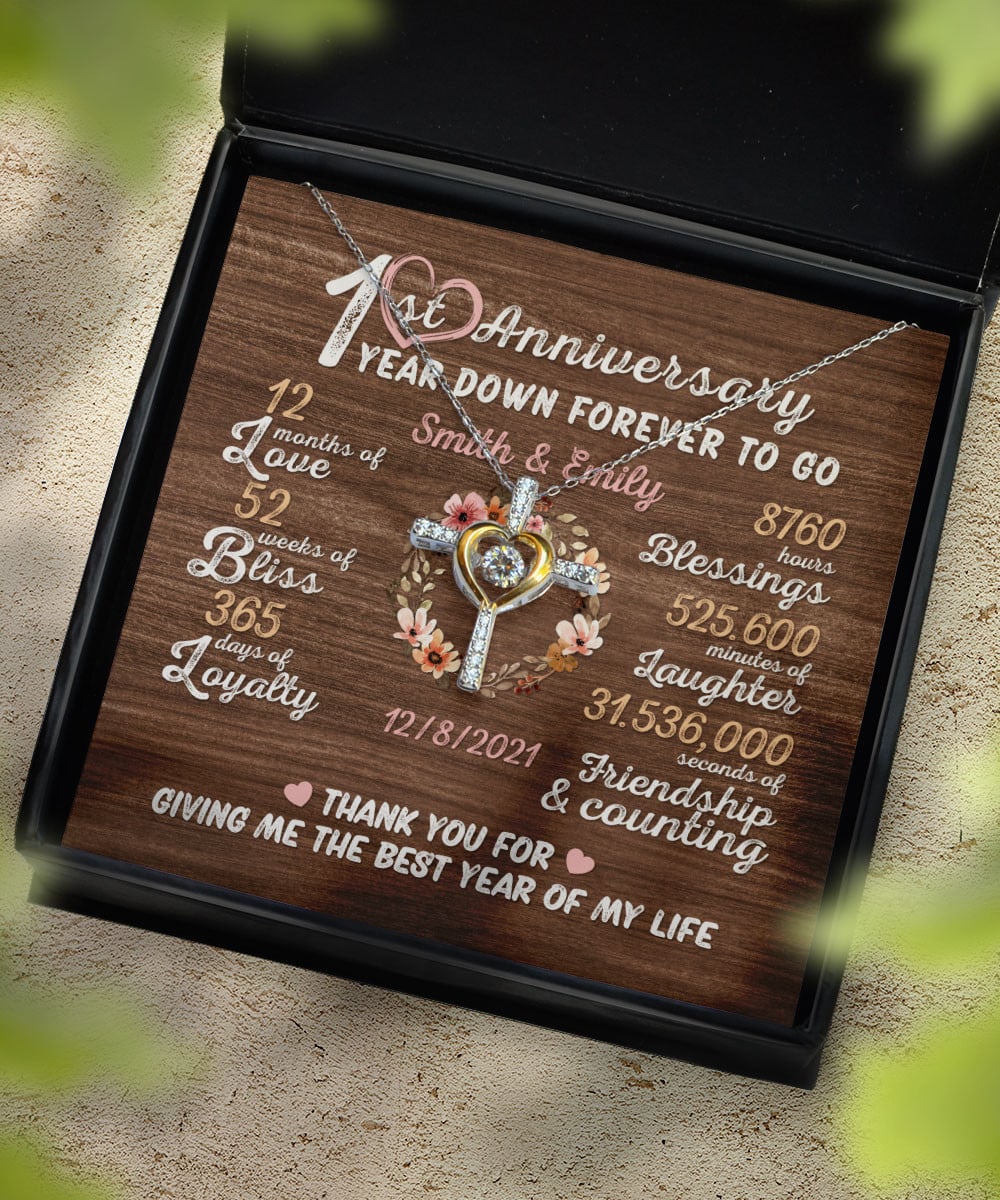 One Year Down Forever To Go First Anniversary Gift Custom Name And Date Cross Dancing Necklace 