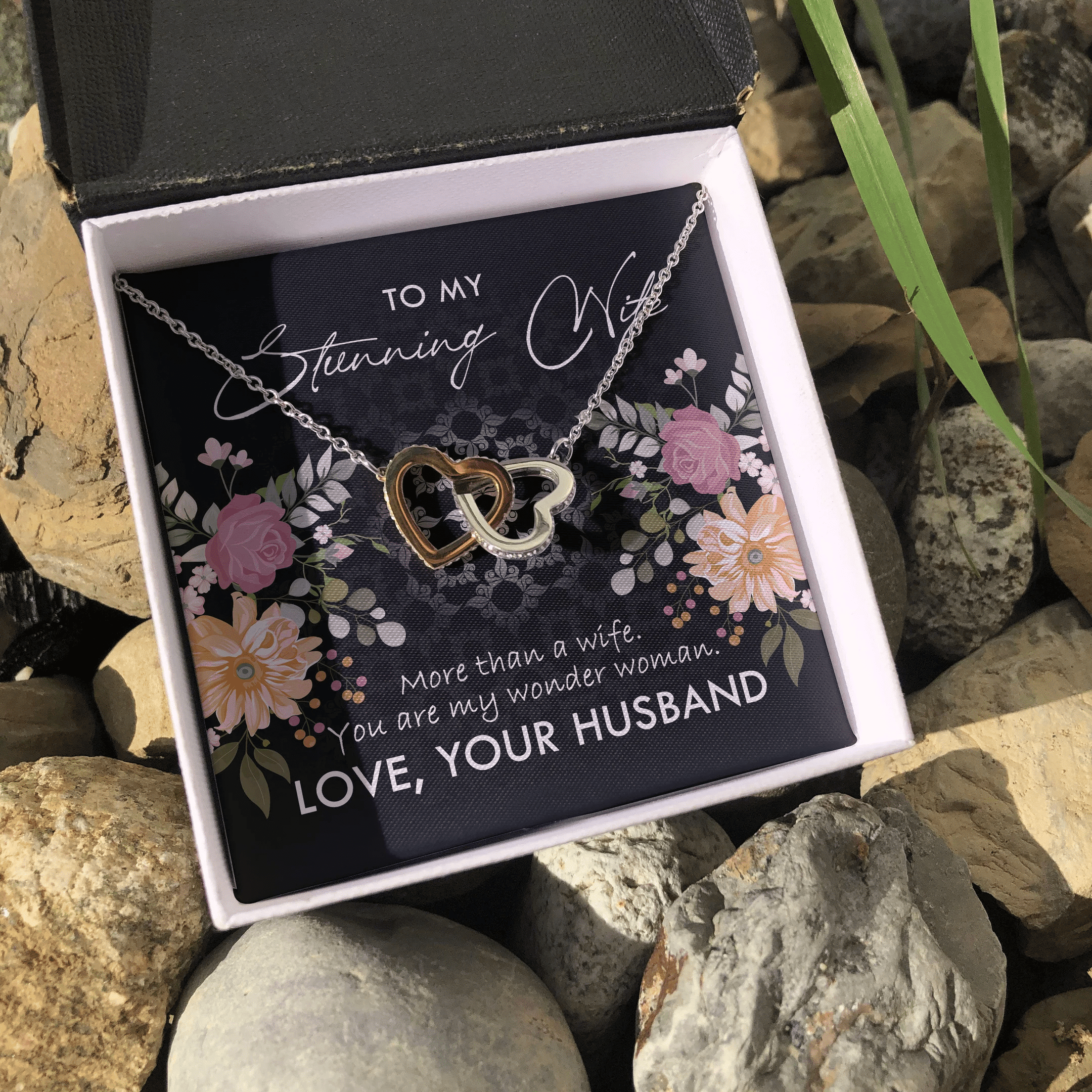 To My Stunning Wife You Are My Wonder Woman Interlocking Heart Necklace 