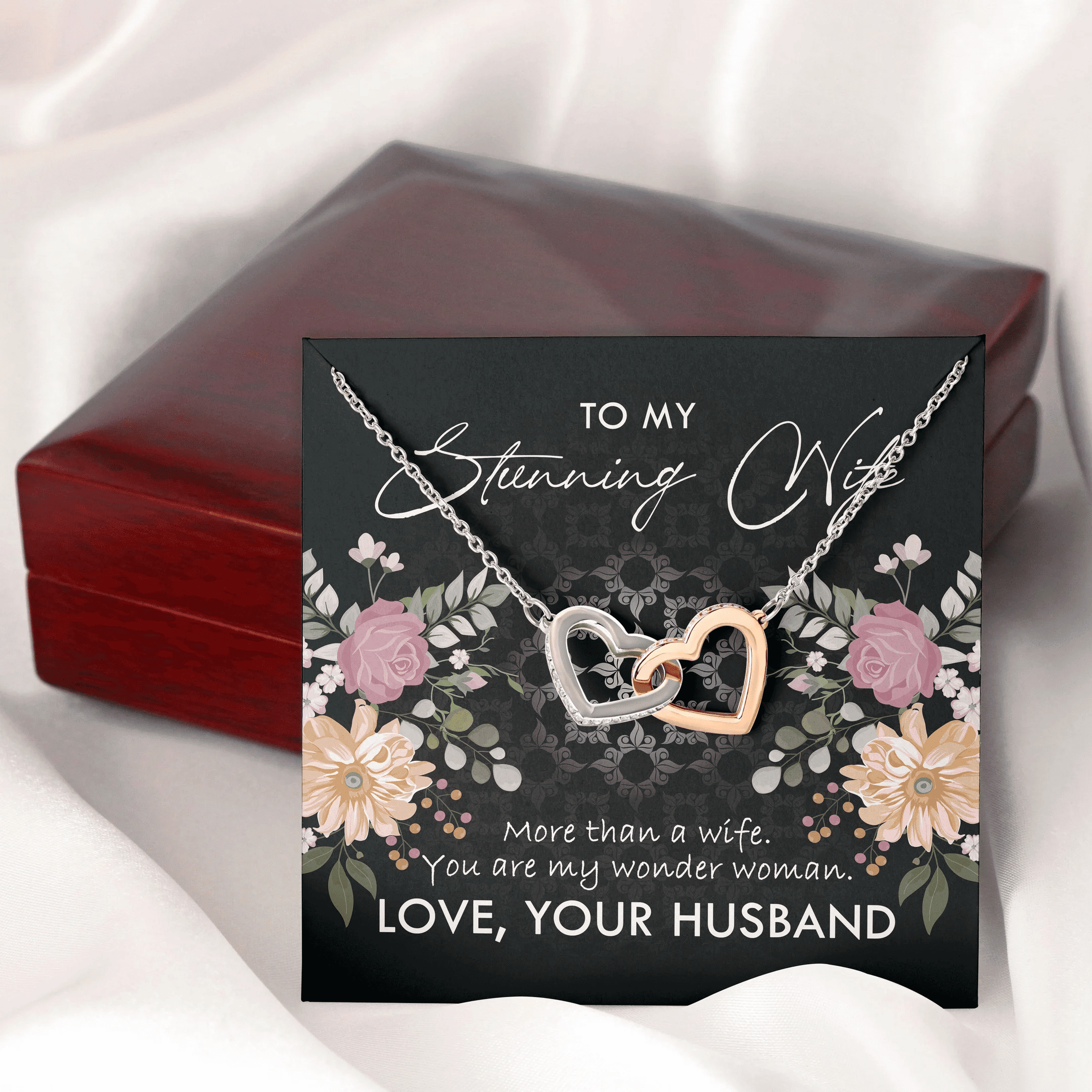 To My Stunning Wife You Are My Wonder Woman Interlocking Heart Necklace 
