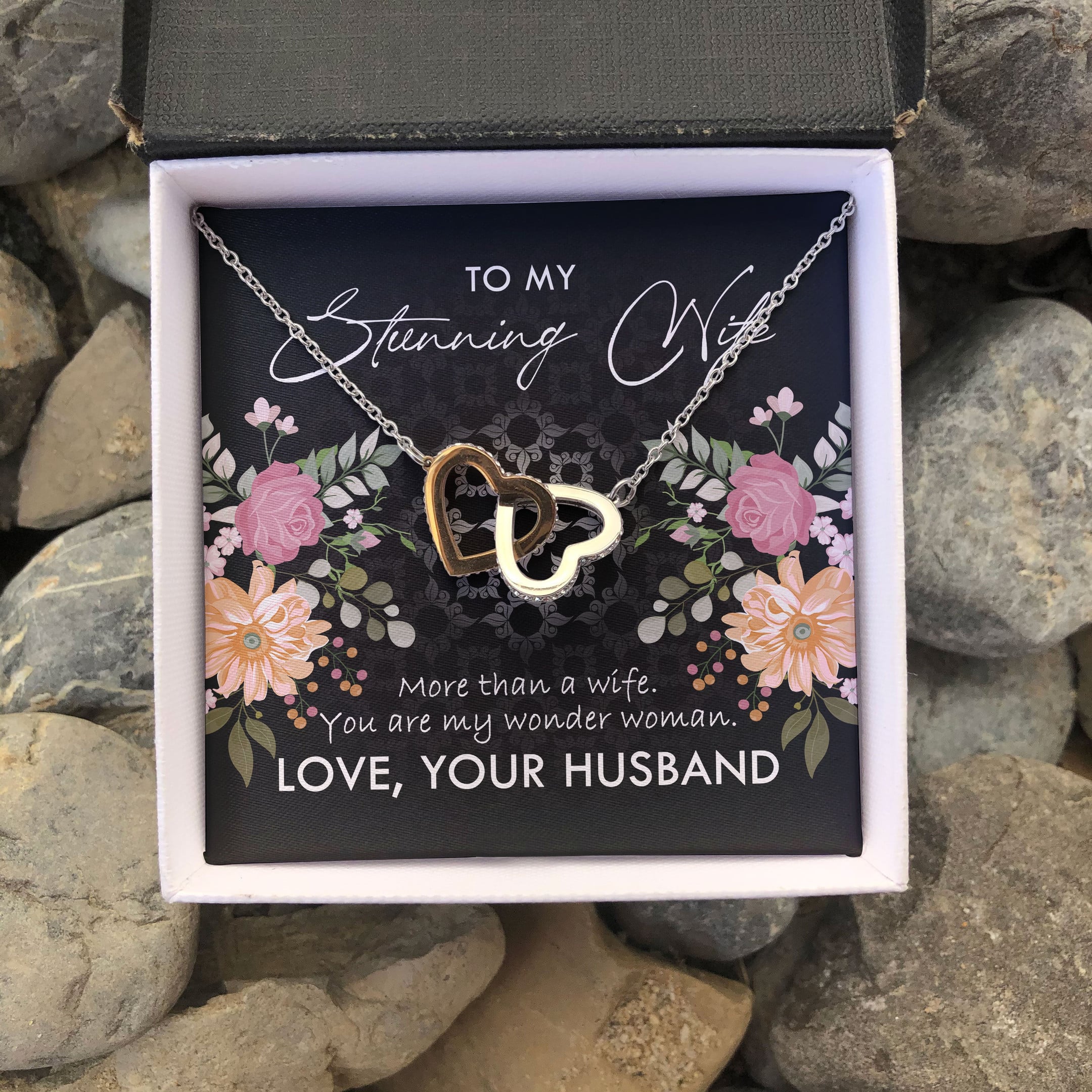 To My Stunning Wife You Are My Wonder Woman Interlocking Heart Necklace 