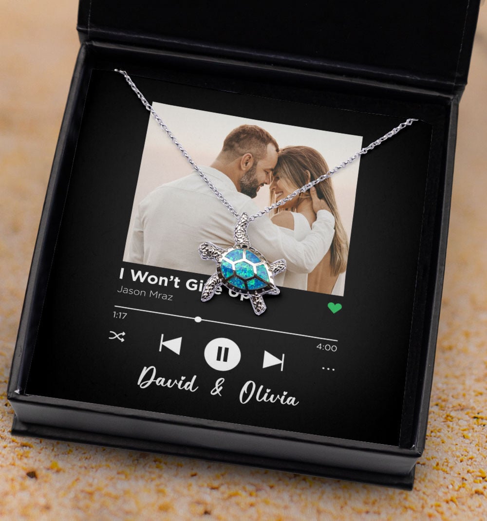 I Won't Give Up Custom Spotify Code With Couple Photo And Song Card Opal Turtle Necklace Anniversary Gifts For Her 