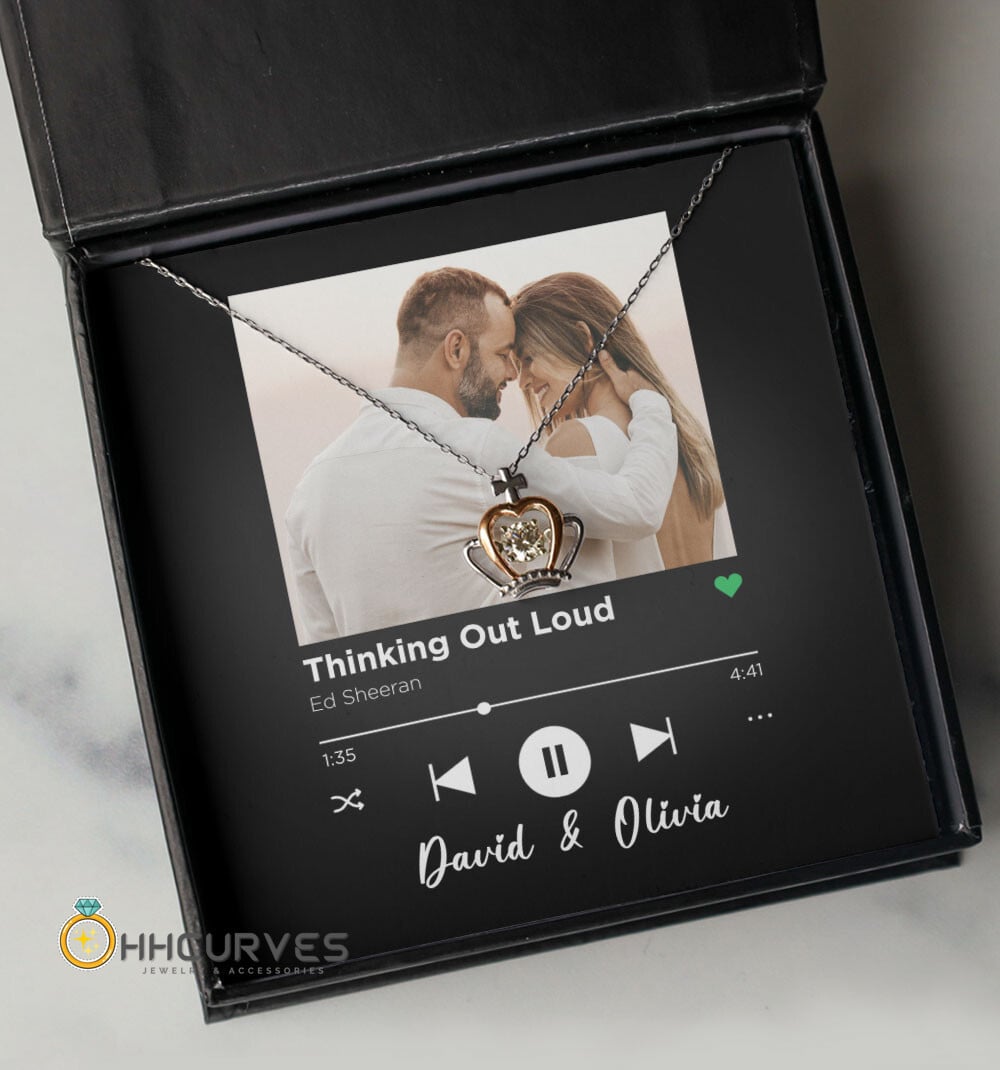 Thinking Out Loud Custom Spotify Code With Couple Photo And Song Card Crown Necklace Anniversary Gifts For Her 