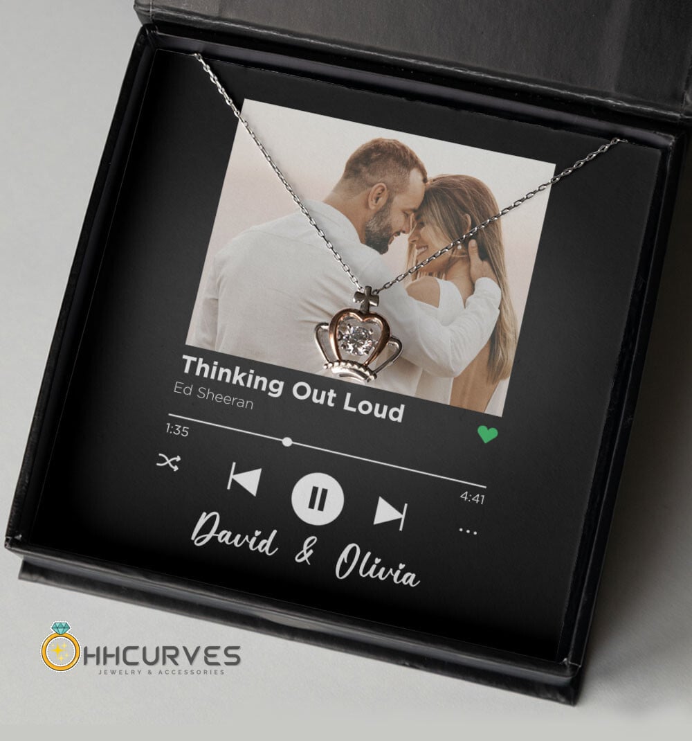 Thinking Out Loud Custom Spotify Code With Couple Photo And Song Card Crown Necklace Anniversary Gifts For Her 