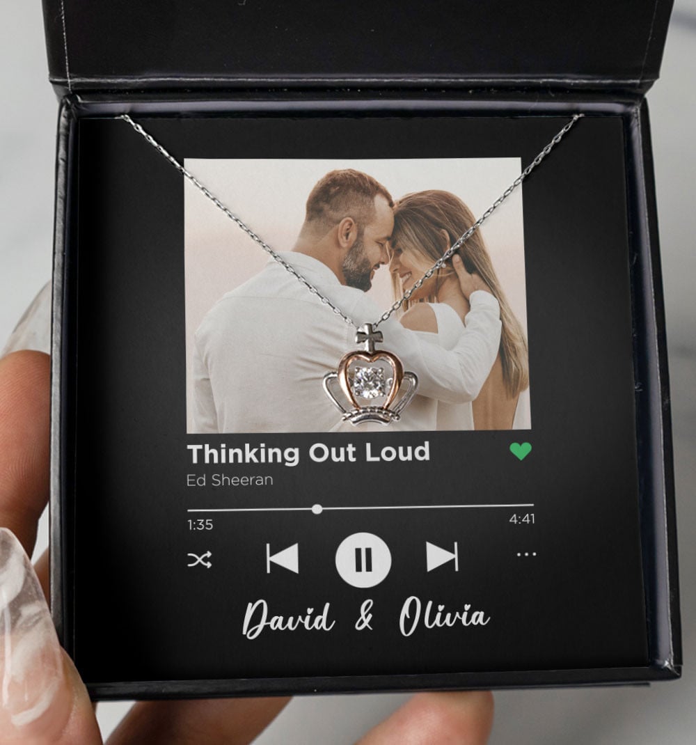 Thinking Out Loud Custom Spotify Code With Couple Photo And Song Card Crown Necklace Anniversary Gifts For Her 