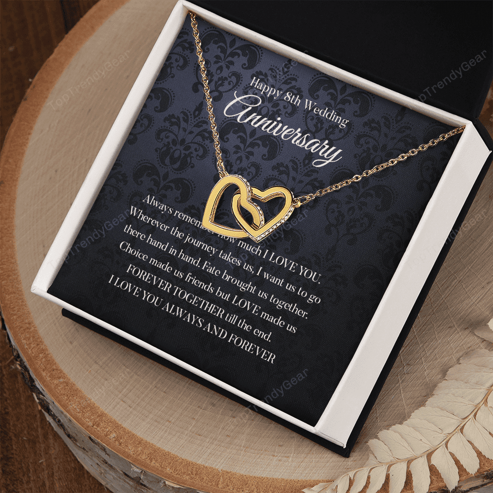 Wife Necklace, Happy 8th Wedding Anniversary Necklace Happy Eighth Anniversary Interlocking Hearts Gold Necklace Gift For Wife 