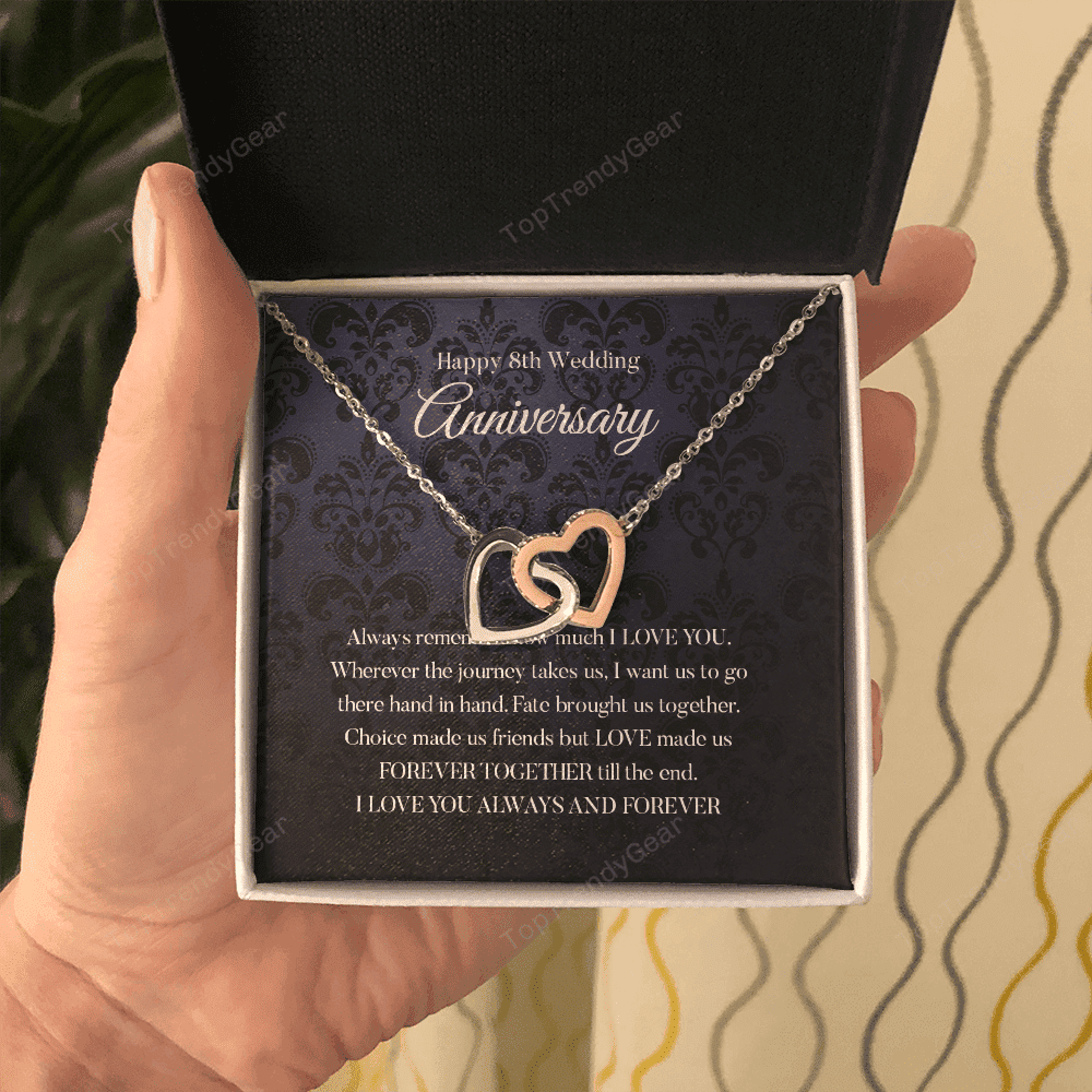 Wife Necklace, Happy 8th Wedding Anniversary Necklace Happy Eighth Anniversary Interlocking Hearts Gold Necklace Gift For Wife 