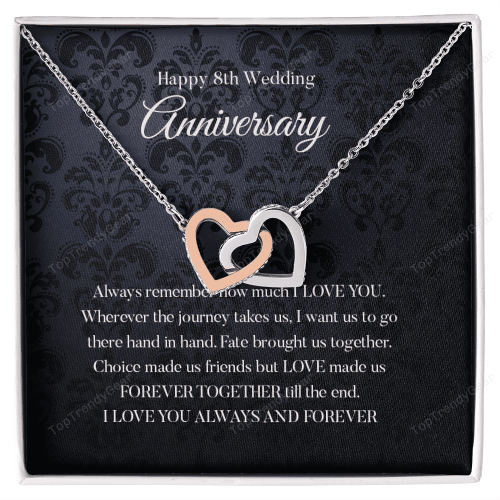 Wife Necklace, Happy 8th Wedding Anniversary Necklace Happy Eighth Anniversary Interlocking Hearts Gold Necklace Gift For Wife 