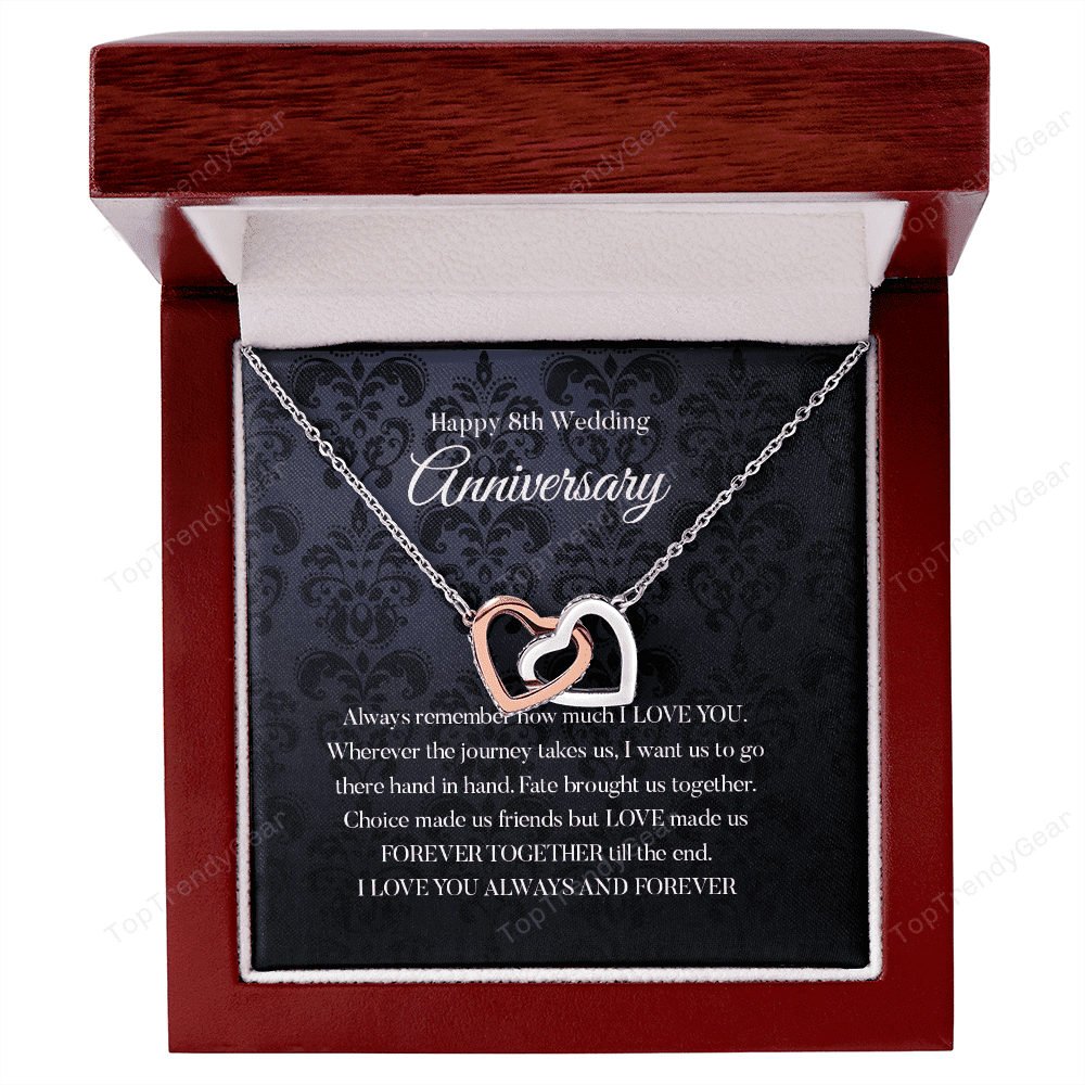 Wife Necklace, Happy 8th Wedding Anniversary Necklace Happy Eighth Anniversary Interlocking Hearts Gold Necklace Gift For Wife 