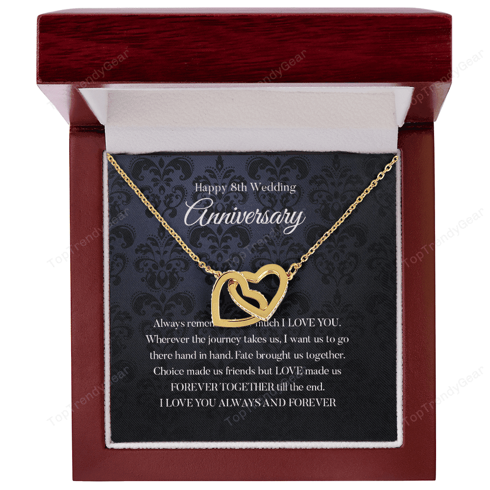 Wife Necklace, Happy 8th Wedding Anniversary Necklace Happy Eighth Anniversary Interlocking Hearts Gold Necklace Gift For Wife 