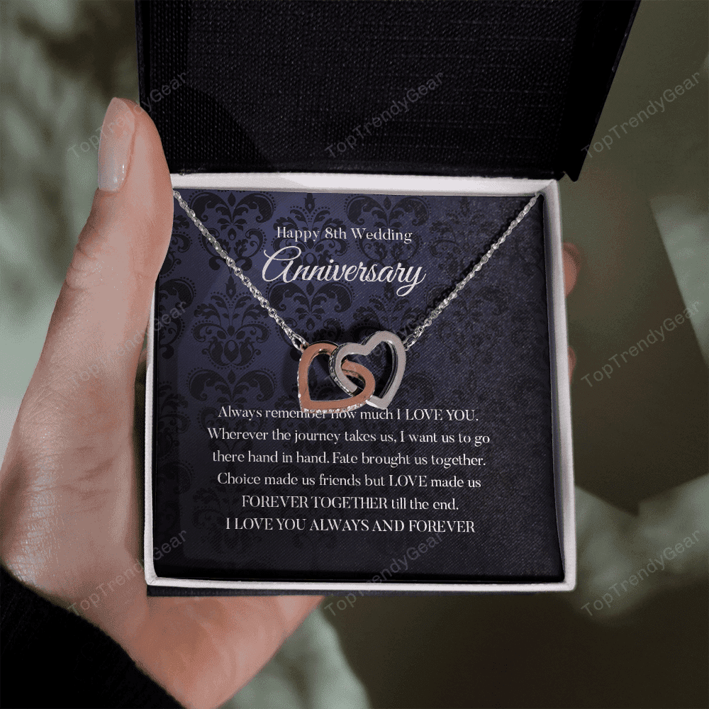 Wife Necklace, Happy 8th Wedding Anniversary Necklace Happy Eighth Anniversary Interlocking Hearts Gold Necklace Gift For Wife 