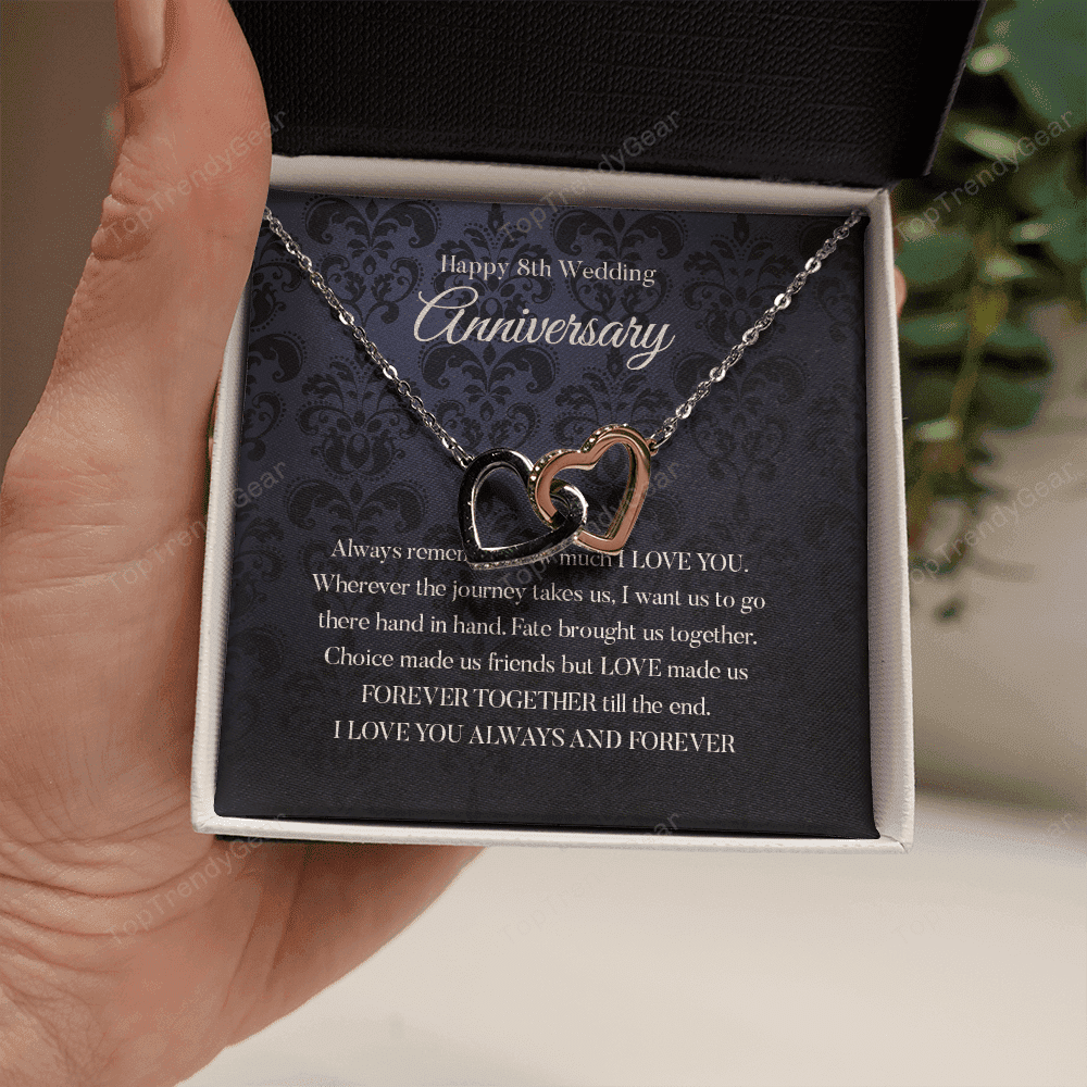 Wife Necklace, Happy 8th Wedding Anniversary Necklace Happy Eighth Anniversary Interlocking Hearts Gold Necklace Gift For Wife 