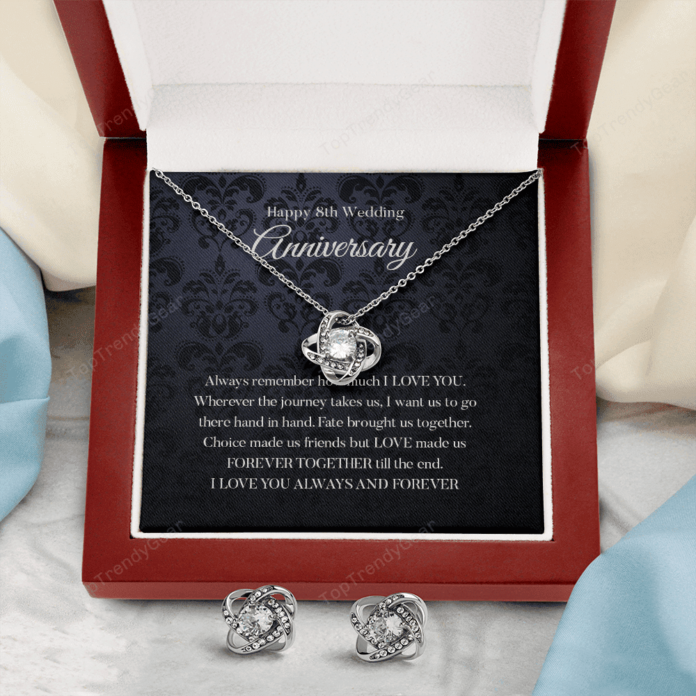 Wife Necklace, Happy 8th Wedding Anniversary Necklace Happy Eighth Anniversary Love Knot With Free Earrings Gift For Wife
