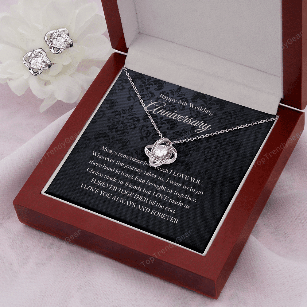 Wife Necklace, Happy 8th Wedding Anniversary Necklace Happy Eighth Anniversary Love Knot With Free Earrings Gift For Wife