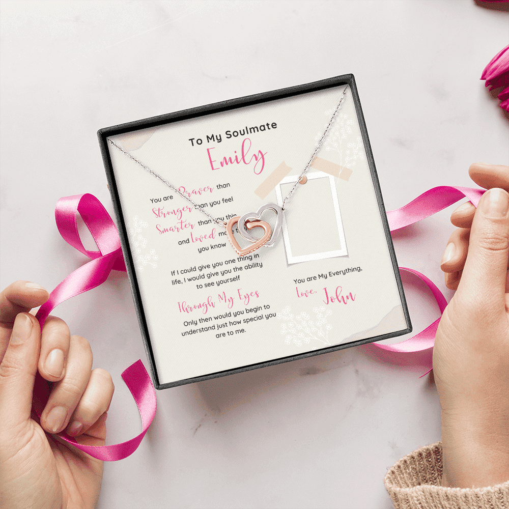 To My Soulmate You Are My Everything Custom Name Interlocking Heart Necklace Gift For Her 