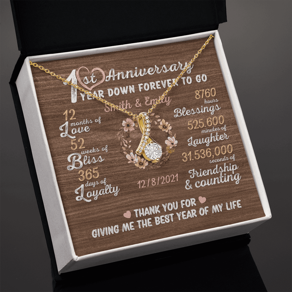 One Year Down Forever To Go First Anniversary Gift Custom Name And Date Alluring Beauty Gold Necklace