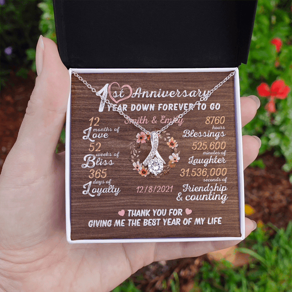 One Year Down Forever To Go First Anniversary Gift Custom Name And Date Alluring Beauty Gold Necklace