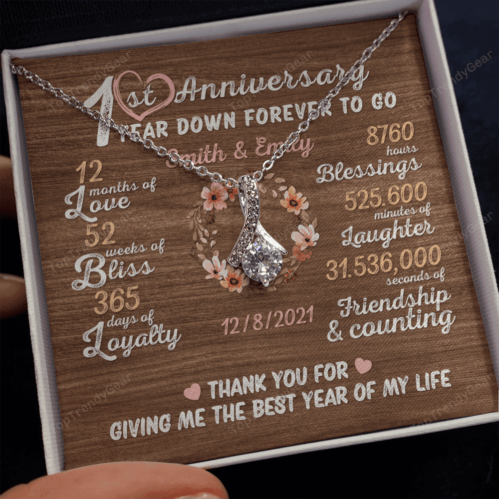 One Year Down Forever To Go First Anniversary Gift Custom Name And Date Alluring Beauty Gold Necklace